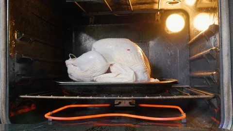 Raw Turkey Roasting in an Oven for a Festive Thanksgiving Holiday Dinner in 4k Stock Footage 94589498