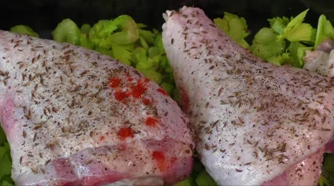 Raw turkey thigh with spices Stock Footage 64007592