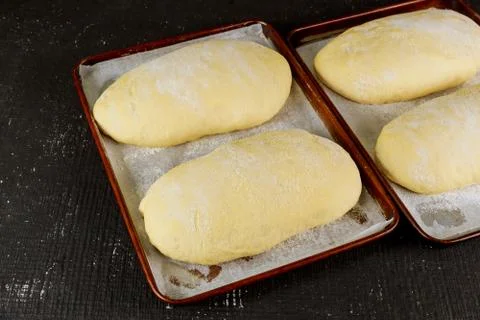 Raw uncooked bread in pan ready for baking. Stock Photos