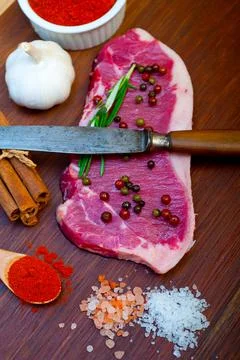 Raw uncooked  ribeye beef steak butcher selection Stock Photos