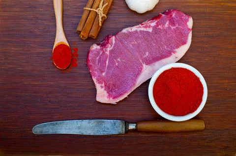 Raw uncooked ribeye beef steak butcher selection Stock Photos