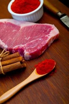 Raw uncooked ribeye beef steak butcher selection Stock Photos