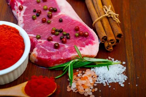 Raw uncooked ribeye beef steak butcher selection Stock Photos