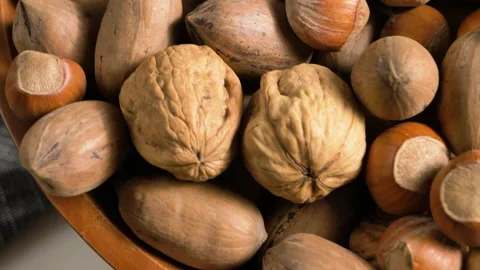 Raw unshelled hazelnuts, walnuts, pecan nuts in a bowl Stock Footage 169558108