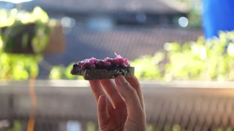 Raw vegan bread with spirulina and sauerkraut, green background. Stock Footage 281615217