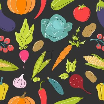 Raw vegetables, cabbage, carrots, tomatoes, beets on a dark gray background. Illustrazione stock