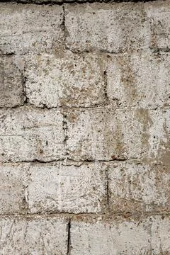 Raw wall built of old gray concrete hollow blocks with a rough surface 库存照片