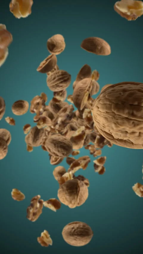 Raw walnuts chunks exploding and flying in super slow motion. Pieces of walnuts Stock Footage 272172138
