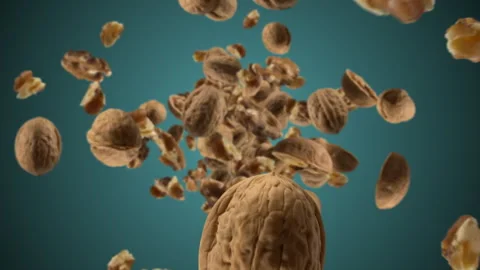 Raw walnuts chunks exploding and flying in super slow motion. Pieces of walnuts Stock Footage 302248300