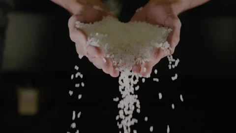 Raw White Rice Falling From Hands on a dark background. Stock Footage 233602828