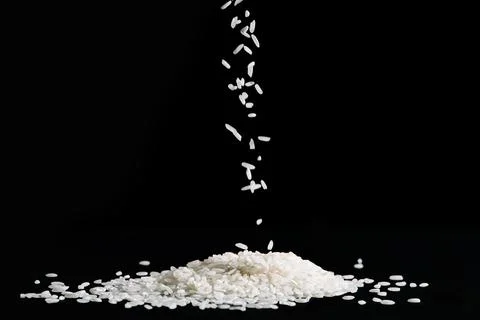 Raw white rice is falling on table. Pile of uncooked long rice on black backg Stock Photos
