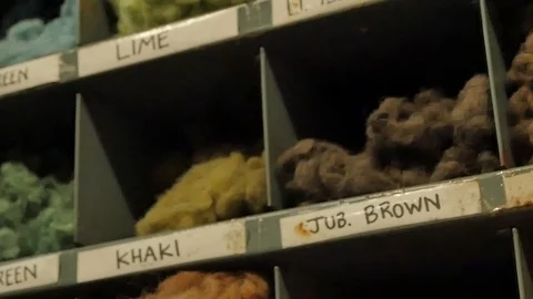 Raw wool samples inside Harris Tweed Mill 스톡 동영상 109071326