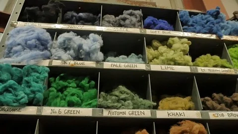 Raw wool samples inside Harris Tweed Mill 스톡 동영상 109071531
