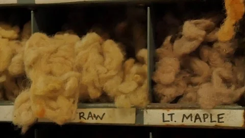 Raw wool samples inside Harris Tweed Mill 스톡 동영상 109071583