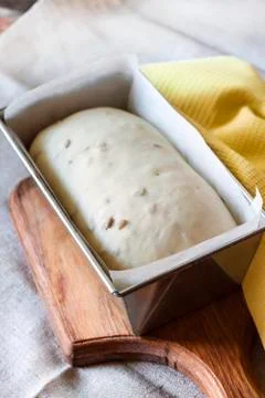 Raw yeast dough in tin form, ready for baking bread with sunflower seeds Stock Photos