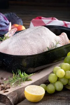 Raw young duck on a roaster Stock Photos