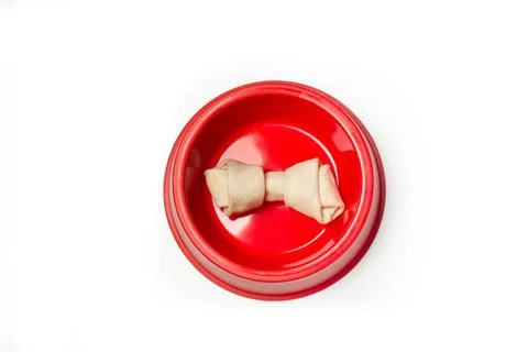 A rawhide bone in a red pet bowl on a white background Stock Photos