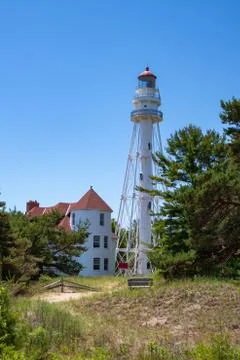 Rawley Point Lighthouse in Two Rivers, Wisconsin in July Stock Photos
