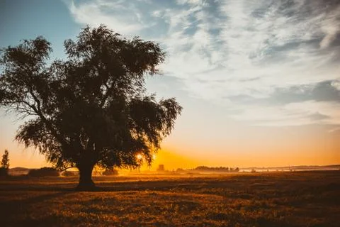 A ray of light breaks through the dramatic sky at dawn the sun Stock Photos