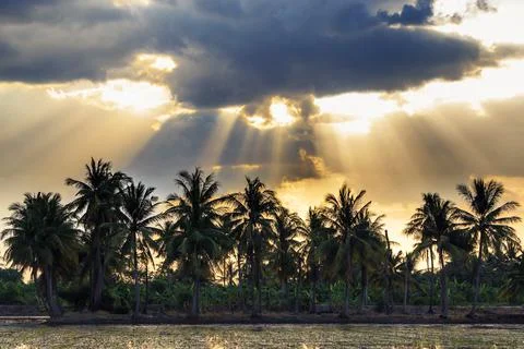 Ray of light breaks through the dramatic sky at sunset Stock Photos