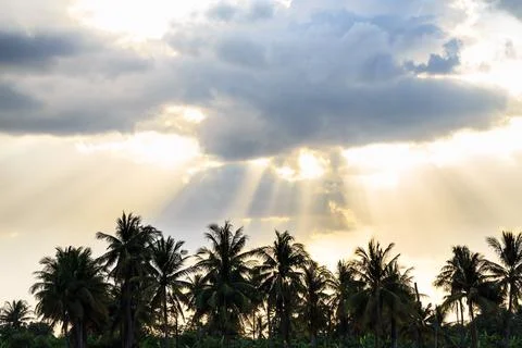 Ray of light breaks through the dramatic sky at sunset Stock Photos