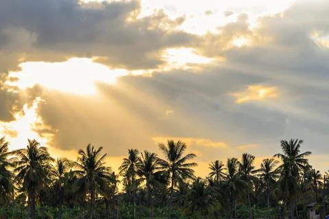 Ray of light breaks through the dramatic sky at sunset Stock Photos