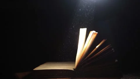 A ray of light falling on an old open book Stock Footage 258843549