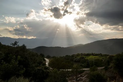 Ray of light through the clouds on the high mountain, beautiful scenery. 스톡 사진