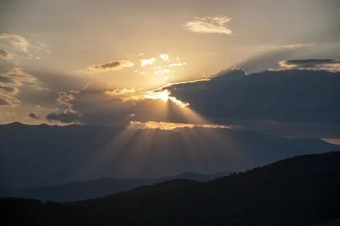 Ray of light through the clouds on the high mountain, beautiful scenery. 스톡 사진