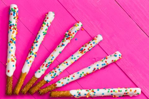 Ray pattern of white chocolate pretzel sticks Stock Photos