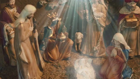 Rays of Light Christmas Nativity Scene Mother Mary Baby Jesus Shepherds_01 Stock Footage 144369805