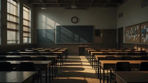 Rays of light falling to the empty school classroom hd 4k video footage Stock Footage 313429247