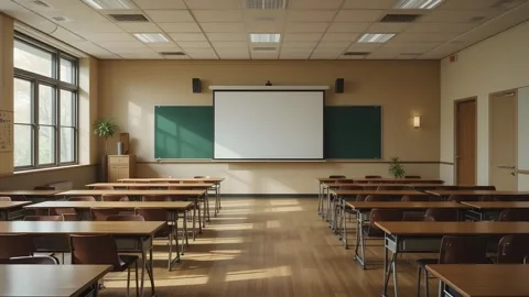 Rays of light falling to the empty school classroom hd 4k video footage Vidéo 313429248