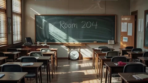 Rays of light falling to the empty school classroom hd 4k video footage 動画素材 313429299