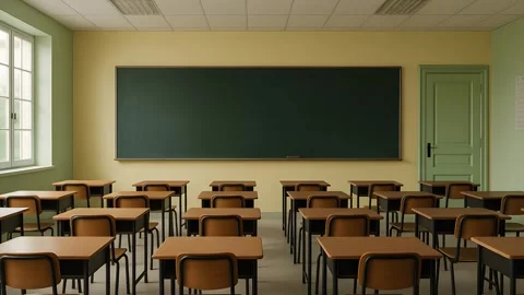 Rays of light falling to the empty school classroom hd 4k video footage Vídeo Stock 313429300