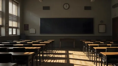 Rays of light falling to the empty school classroom hd 4k video footage Vidéo 313429302