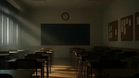 Rays of light falling to the empty school classroom hd 4k video footage Video stock 313429308