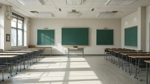 Rays of light falling to the empty school classroom hd 4k video footage Stock Footage 313429329