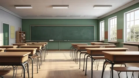 Rays of light falling to the empty school classroom hd 4k video footage Stock Footage 313429344