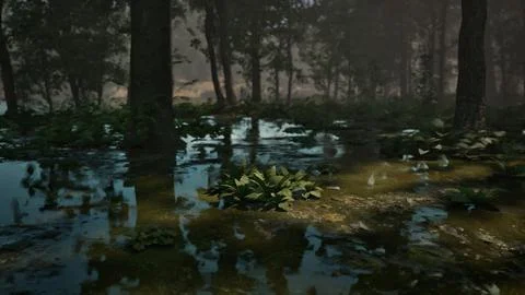Rays of light falling through the mist and trees in the swamp Stock Illustration