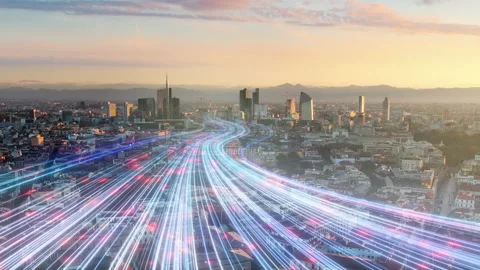 Rays of light running through modern city aerial view fast internet Stock Footage 229288999