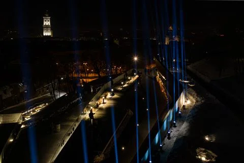 Rays of the Maidan art event in memory of the Heavenly Hundred. Aerial view o Stock Photos