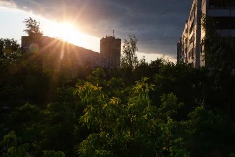 The rays of the setting sun on the background of city buildings and tree leav Stock Photos