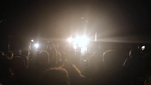 Rays from the stage illuminate the heads and hands of fans. People are waiting f Stock Footage 116340583
