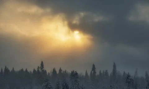 Rays of the sun breaks through the snow cloud over the forest. skyscape Stock Photos