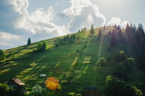 The rays of the sun falling down the slope of a green hill Stock Photos