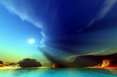 Rays from the sun shine down on this colorful seascape. Ilustração Stock