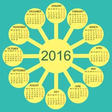 Rays sun simple 2016 year vector calendar Stock Illustration