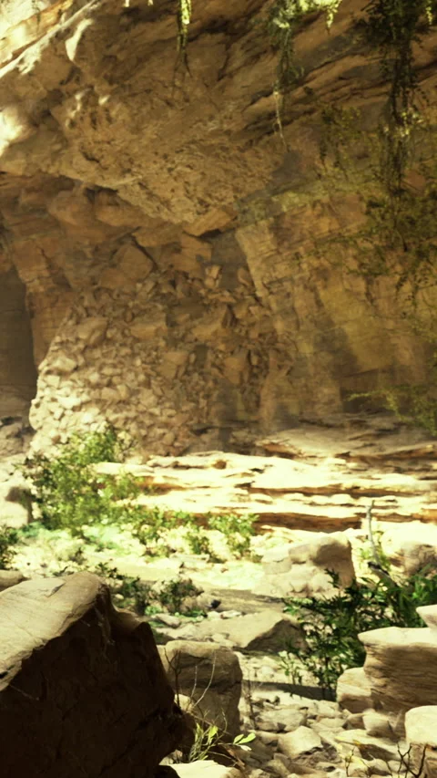 Rays of sunlight shine through a rocky cave in a natural landscape Stock Footage 336186175