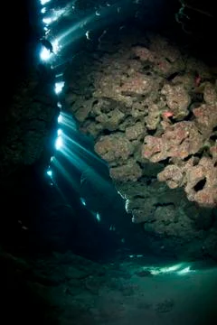 Rays of sunlight shining through inside an underwater cave. Stock Photos